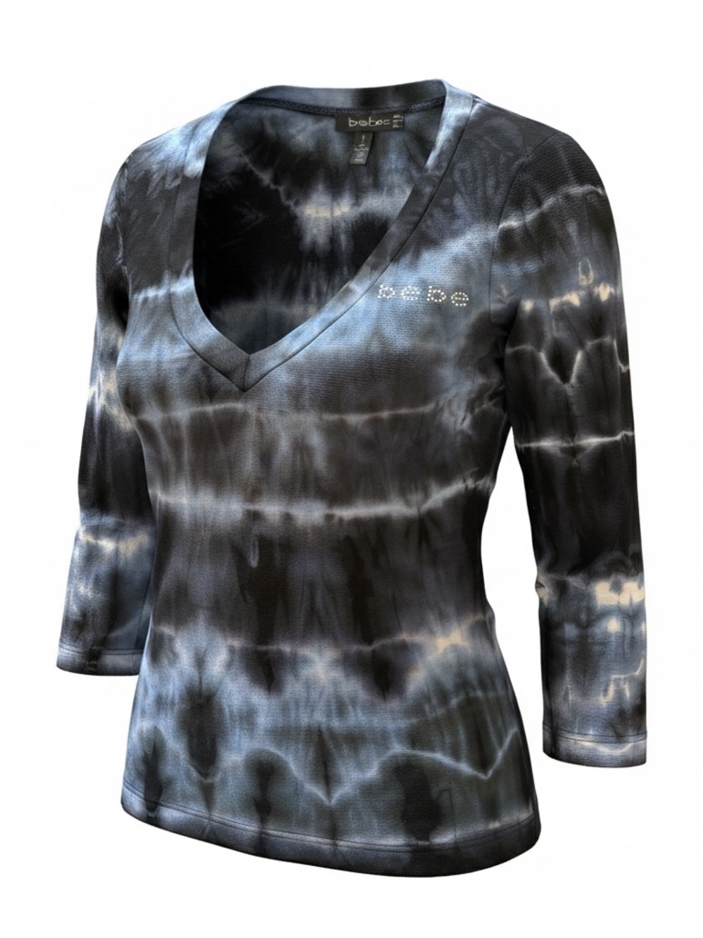 Bebe Y2K Tie Dye V Neck Long Sleeve Top Fitted Blue Black Size‎ M